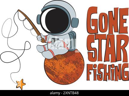 Ich habe das Sternenfischen verlassen. Niedliche Astronauten fischen im Weltraum und fangen Sterne mit Angelrute und einem lustigen Zitat. Vektor-Illustration für T-Shirt, Website, Clip-Art Stock Vektor