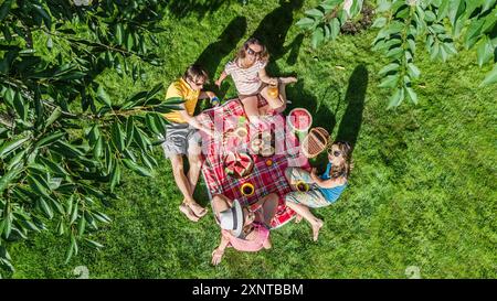 Glückliche Familie mit Kindern beim Picknick im Park, Eltern mit Kindern sitzen auf Gartenrasen und essen gesunde Mahlzeiten im Freien, Drohnenblick aus der Luft Stockfoto