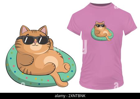 Kühle fette Katze mit Sonnenbrille kühlend. Lustige Vektor-Illustration für T-Shirt, Website, ClipArt, Poster und Print on Demand Merchandise. Stock Vektor