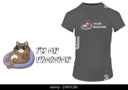 Kühle fette Katze mit Sonnenbrille kühlend. Komisches Zitat, ich bin im Urlaub. Vektor-Illustration für T-Shirt, Clip-Art, Poster und Print on Demand Merch Stock Vektor