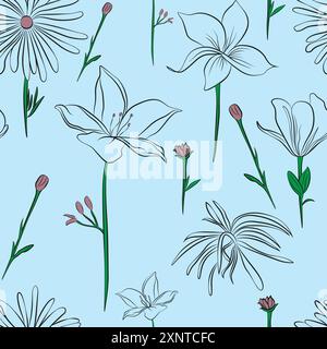 Nahtloses Blumenmuster mit weißer Linienkunst-Blumen, Knospen und grünen Stängeln auf hellblauem Hintergrund Vektorillustration Stock Vektor