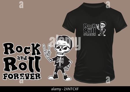 Niedliches cooles Skelett mit Sonnenbrille mit Rock Hand Symbol und lustigem Zitat Rock and Roll für immer. Vektorillustration für Thirt POD Merch Stock Vektor
