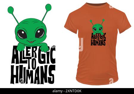 Niedlicher kleiner Alien in der Tasche mit einem lustigen Zitat, allergisch gegen Menschen. Vektor-Illustration für T-Shirt, Website, Druck, ClipArt, Poster und POD Merch Stock Vektor