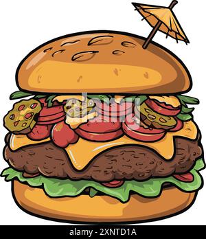 Cartoon-Fleisch-Beef-Burger im alten Stil. Vektor-Illustration für T-Shirt-Waren, Website, Clip-Art, Poster und kundenspezifische Druck-on-Demand-Waren Stock Vektor