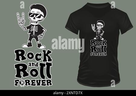 Niedliches cooles Skelett mit Sonnenbrille mit Rock Hand Symbol und lustigem Zitat Rock and Roll für immer. Vektorillustration für Thirt POD Merch Stock Vektor