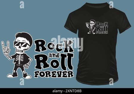 Niedliches cooles Skelett mit Sonnenbrille mit Rock Hand Symbol und lustigem Zitat Rock and Roll für immer. Vektorillustration für Thirt POD Merch Stock Vektor