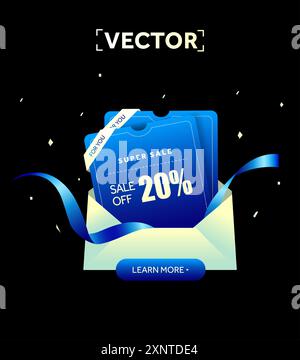 3D-Coupons in Blau mit Coupon-Code, Prozentsatz aus, in einem Umschlag mit Bändern, isoliert auf dunklem Hintergrund. Rabattgutscheine für schwarze Banner-Vorlage am Freitag. 3D-Vektor. Vektorabbildung Stock Vektor