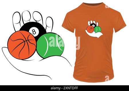 Comic menschliche Hand mit Basketball, Tennisball und Snookerball darin. Vektorillustration für T-Shirt, Website, ClipArt, Poster und Druck auf Abruf Stock Vektor