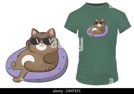 Kühle fette Katze mit Sonnenbrille kühlend. Lustiges Zitat Lazy aber Happy. Vektorillustration für T-Shirt, Website, ClipArt, Poster und Print on Demand Merch Stock Vektor