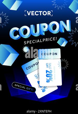 Spezielle 3D-Coupons im Kristallstil mit Gutscheincode, Rabatt in Prozent, isoliert auf dunklem Hintergrund. Vorlage für Geschenkgutscheine. Poster zum Sonderpreis für Werbeaktionen. 3D-Vektor-Illustration. Vektorabbildung Stock Vektor