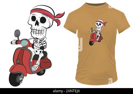 Lustiger Skelett-Cartoon in Bandana, der auf einem roten Roller mit einem Zitat Ghost Rider reitet. Vektor-Illustration für T-Shirt Print on Demand Merch Stock Vektor