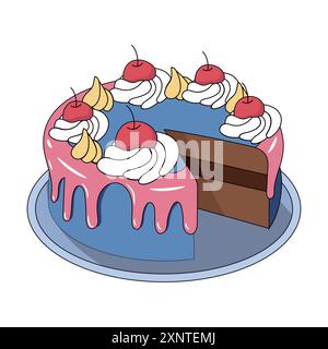 Eine pastellfarbene, blau eisige Schokoladenkuchenplatte mit rosa Creme, die abwechselnd weiß-gelbe Paspeln und einer roten Kirsche auf weißem W fließt Stock Vektor