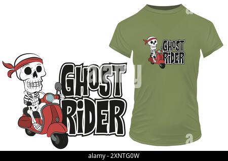 Lustiger Skelett-Cartoon in Bandana, der auf einem roten Roller mit einem Zitat Ghost Rider reitet. Vektorillustration für T-Shirt, Website, ClipArt, Poster und Druck o Stock Vektor