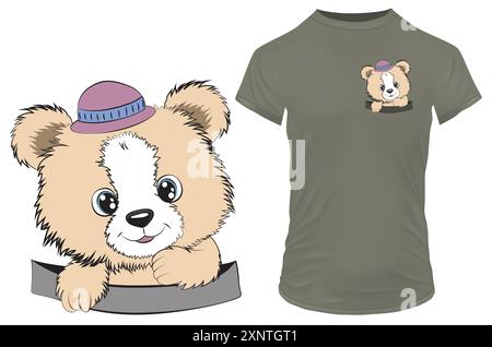 Niedlicher Bär in der Tasche. Hand gezeichnete lustige Teddybär-Vektor-Illustration für T-Shirt, Website, Druck, Clip Art, Poster und Druck auf Abruf Waren Stock Vektor