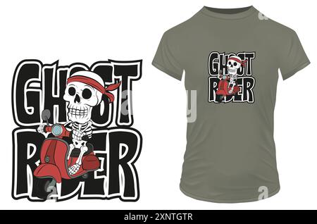Lustiger Skelett-Cartoon in Bandana, der auf einem roten Roller mit einem Zitat Ghost Rider reitet. Vektor-Illustration für T-Shirt Print on Demand Merch Website Stock Vektor