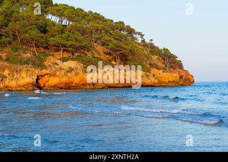 Atemberaubender Blick auf die felsige Küste, die sich mit dem kristallklaren Wasser und üppigem Grün vermischt, das die Küste umrahmt und die natürliche Schönheit von Ta unterstreicht Stockfoto