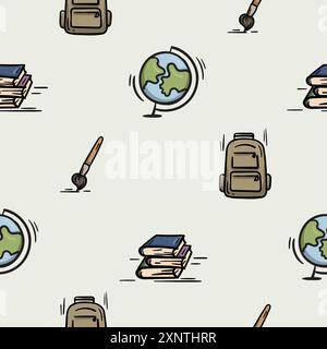 Leuchtendes, nahtloses Muster mit Symbolen aus Globus, Rucksack, Lehrbüchern und Pinsel. Illustration zum Herbst, Schule Stock Vektor