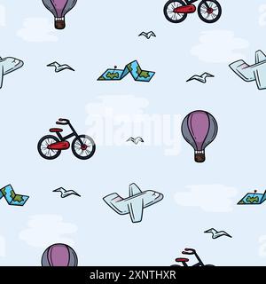 Helles nahtloses Muster mit Ballon, Flugzeug, Fahrrad und Karte. Illustration zu Urlaub, Reisen, Meer und Touren Stock Vektor
