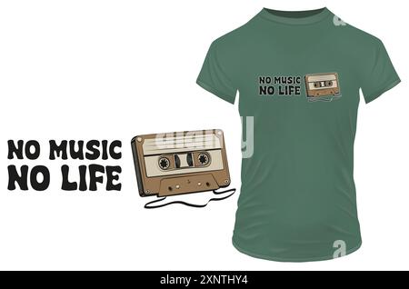 Kompakte Retro-Kassette mit einem lustigen Zitat, keine Musik, kein Leben. Vektor-Illustration für T-Shirt-Waren, Website, Clip-Art und kundenspezifische Druck-on-Demand-Waren Stock Vektor