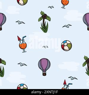 Helles nahtloses Muster mit Strand, Ballon, Palme, Ball und Cocktail. Illustration zu Urlaub, Reise, Meer Stock Vektor