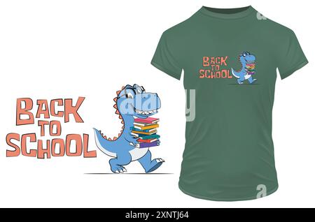 Lustiger Cartoon eines glücklichen, intelligenten Dinosauriers, der mit Büchern in den Händen läuft, mit einem Zitat zurück zur Schule. Vektor-Illustration für T-Shirt Print on Demand Merch Stock Vektor