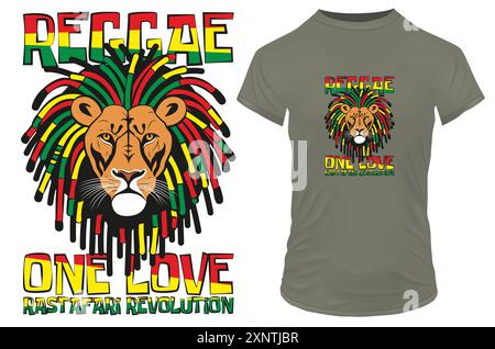 Ein cooler Rastafarier-Löwe mit bunten Dreadlocks und inspirierendem, motivierendem Zitat Reggae One Love rastafari Revolution. Vektorillustration Merch Stock Vektor