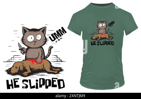 Zeichnung einer wütenden, launischen Katze, die ein Messer über dem Körper eines toten Hundes hält. Vektor-Illustration für T-Shirt Print on Demand Merch Stock Vektor