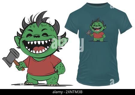 Süßes kleines Baby-Monster mit Hammer in der Hand. Vektorillustration für T-Shirt, Website, ClipArt und Print on Demand Merch. Stock Vektor