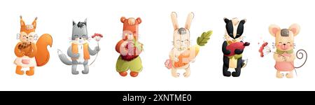 Kinder niedliche Tiere isoliert auf weißem Hintergrund. Waldtiere Charaktere. Vektor. Stock Vektor