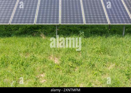 Abschnitte von monokristallinen Solarpaneelen im Rack mit festem Neigungswinkel und Photovoltaik-Solarparks. Eine „saubere“ Energiequelle im Mix aus erneuerbaren Energien. Stockfoto