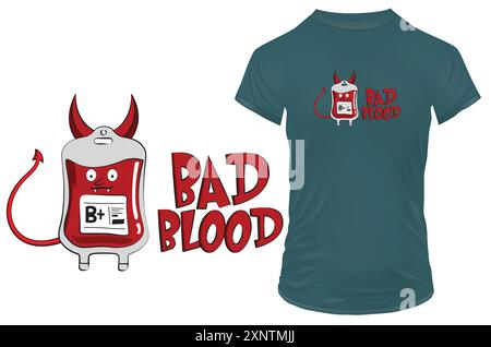 Blutbeutel mit Teufelshörnern und einem lustigen Zitat. Böses Blut. Lustige Vektor-Illustration für T-Shirt, Website, Druck, Clip Art und Druck auf Abruf Waren Stock Vektor