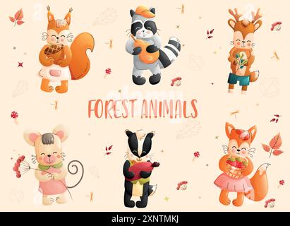 Kinder niedliche Tiere Set mit Eichhörnchen, Waschbär, Hirsch, Maus, Dachs, und Fuchs mit Herbstelementen. Stock Vektor