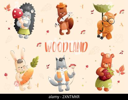 Kinder niedliche Tiere Set mit Igel, Biber, Eule, Kaninchen, Wolf, tragen Sie Herbstelemente. Stock Vektor