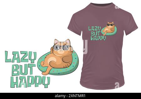 Kühle fette Katze mit Sonnenbrille kühlend. Lustiges Zitat Lazy aber Happy. Vektor-Illustration für T-Shirt Print on Demand Merch Stock Vektor