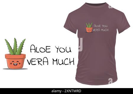 Niedliche Aloe Vera Pflanze und lustiges Zitat Aloe You Vera viel doppeltes bedeutet, dass ich dich sehr liebe. Vektor-Illustration für T-Shirt, Website, Druck, Clip-Art, Stock Vektor