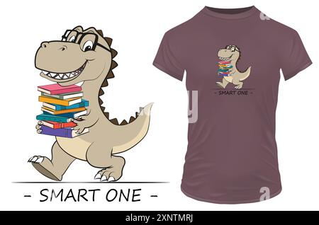 Lustiger Cartoon eines glücklichen, intelligenten Dinosauriers, der mit Büchern in den Händen läuft, mit einem klugen Zitat. Vektor-Illustration für T-Shirt Print on Demand Merch Stock Vektor