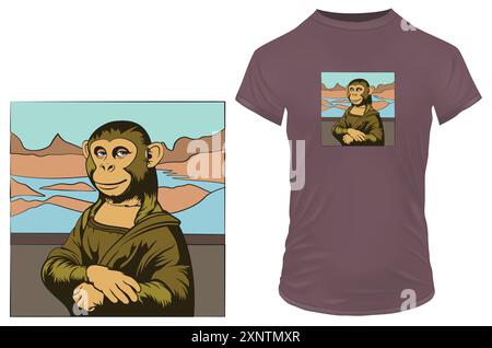 Süßer lächelnder Affe, gekleidet und posiert wie das berühmte mona lisa Gemälde. Lustige Vektor-Illustration für T-Shirt, Website, Clip Art und Druck auf Anfrage Stock Vektor