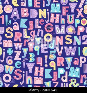 Nahtloses Alphabet-Muster. Handertränke Illustration von Buchstaben und Zahlen Stock Vektor