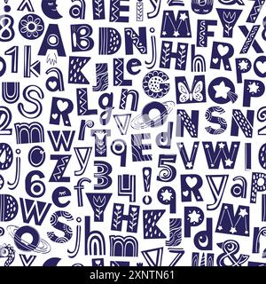 Nahtloses Alphabet-Muster. Handertränke Illustration von Buchstaben und Zahlen Stock Vektor