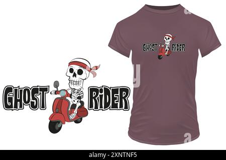 Lustiger Skelett-Zeichentrick in Bandana auf dem roten Roller und Zitat Ghost Rider. Vektor-Illustration für T-Shirt, Website, ClipArt Druck auf Nachfrage Merch Stock Vektor