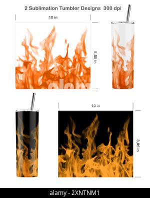 Set aus 2 orangefarbenen Brandmustern auf weißem und schwarzem Hintergrund. Nahtlose Sublimationsschablonen für einen 20-ml-Becher. Nahtlos von Kante zu Kante. Stockfoto