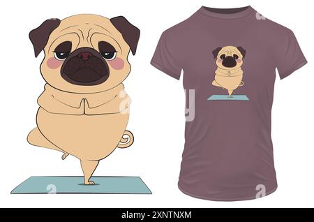 Niedlicher Mops-Hund in ruhiger Yoga-Haltung, auf einem Bein stehend. Lustige Vektor-Illustration für T-Shirt, Website Clipart und Print on Demand Merch Stock Vektor