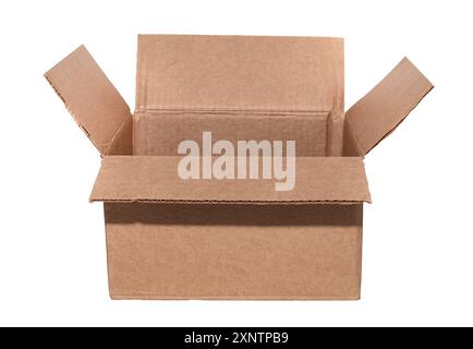 Leeren Sie den offenen Karton auf weißem Hintergrund. Paket. Isolieren Sie die Papierkästen Stockfoto