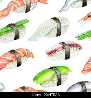 Sesalmon und Garnelen Sushi, Spargel, Garnelen, Meeresfrüchte, nahtloses Muster, mit Aquarell bemalt, für Restaurant-Menü und Fischgeschäft Design Stockfoto