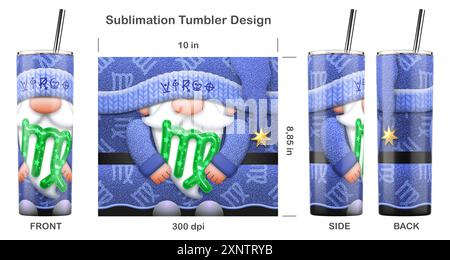 VIRGO-Zodiac-Gnom mit Zodiac-Zeichen. Nahtlose Sublimationsschablone für dünnen 20-ml-Becher. Sublimationsdarstellung. Nahtlos von Kante zu Kante. Stockfoto