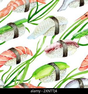 Lachs und Garnelen Sushi, Spargel, Garnelen, Meeresfrüchte, Algen, nahtloses Muster, mit Aquarell bemalt, für Restaurant-Menü und Fischgeschäft Design Stockfoto