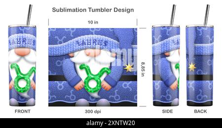 STIER-Zodiac-Gnom mit Zodiac-Zeichen. Nahtlose Sublimationsschablone für dünnen 20-ml-Becher. Sublimationsdarstellung. Nahtlos von Kante zu Kante. Stockfoto