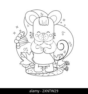 Malseite für Zeichnungen für Kinder. Eine Maus in einem bunten Outfit, während sie einen kleinen Blumenstrauß hält. Stock Vektor