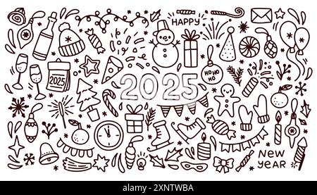 Happy New Year 2025 Kritzelelemente, Set Neujahrsparty Elemente Kritzelung in Schwarz isoliert auf weißem Hintergrund. Stock Vektor