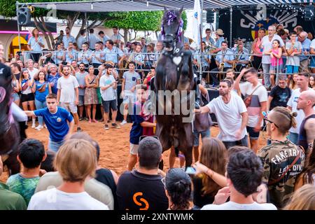 Traditioneller Pferdetanz „Jaleo“ aus dem 14. Jahrhundert, Festlichkeiten von Sant Lluís, Dorf Sant Lluís, Menorca, Balearen, Spanien Stockfoto